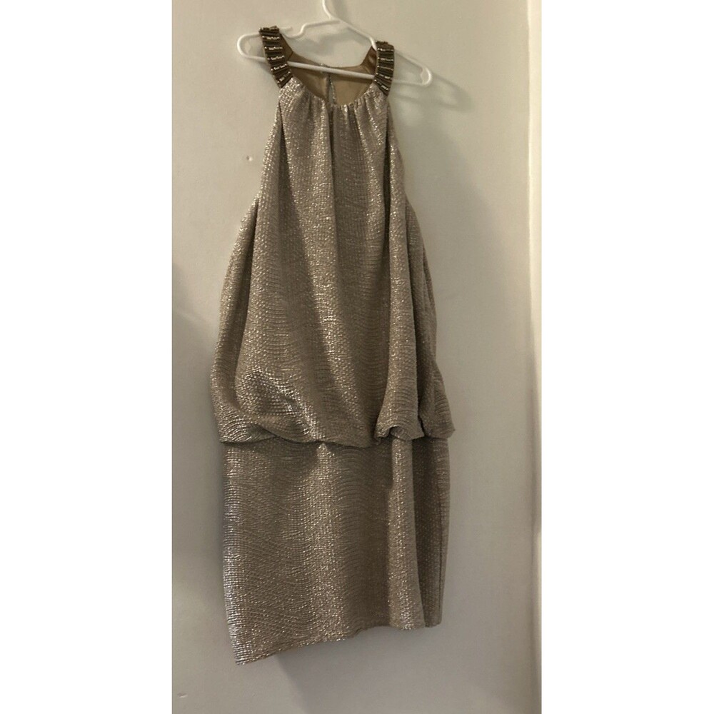 LAUNDRY BY SHELLI SEGAL Gold Metallic Halter Blouson Dress, Sz 6 beaded collar